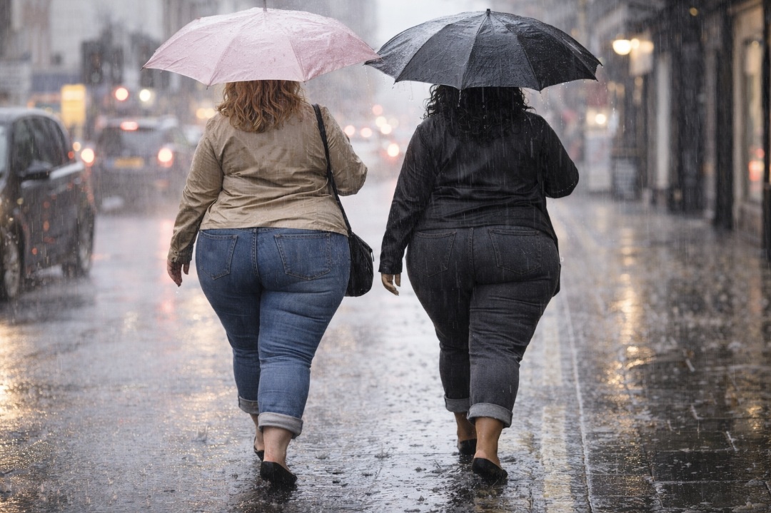 Women with lipoedema walking in the rain with umbrellas