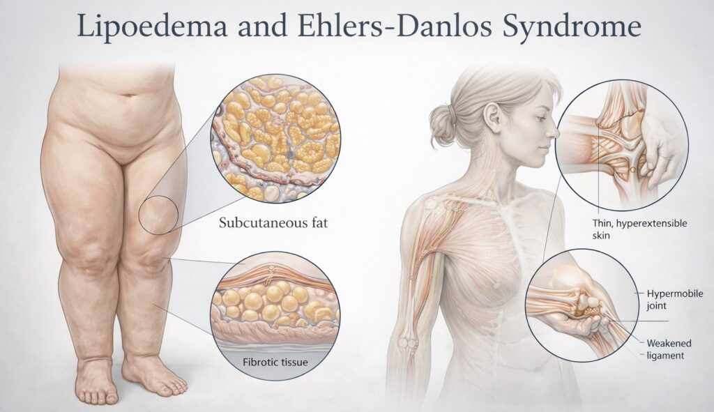 lipoedema fat tissue and ehlers dalos syndrome showing joint hypermobility and connective tissue changes
