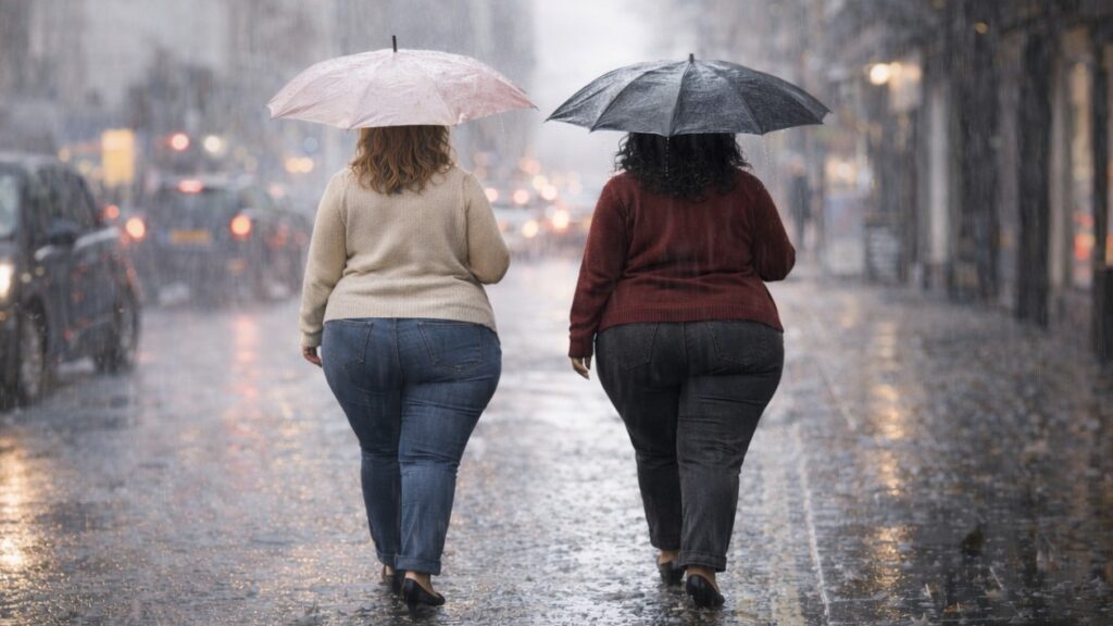 Women with lower body disproportion walking in the rain