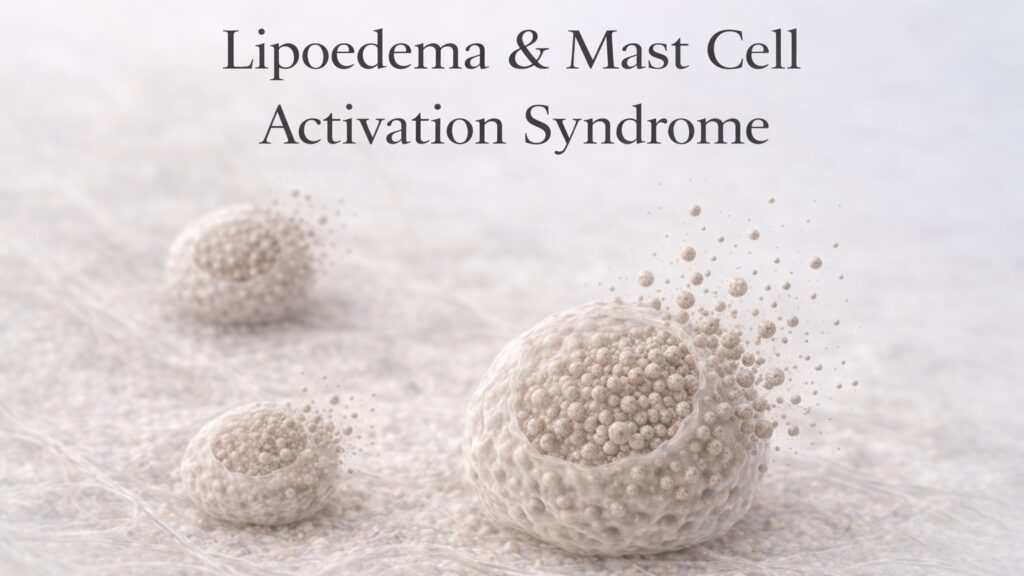 illustration of three mast cells showing mediator release and their effects on fluid movement, inflammation and nerve sensitivity