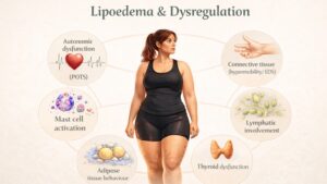 a woman with lipoedema surrounded with images of different body systems which might have dysregulation