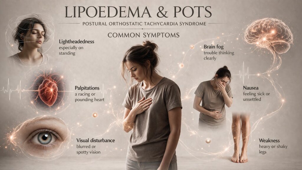 illustration showing a woman experiencing the symptoms of postural orthostatic tachycardia syndrome (POTS)