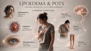 illustration showing a woman experiencing the symptoms of postural orthostatic tachycardia syndrome (POTS)