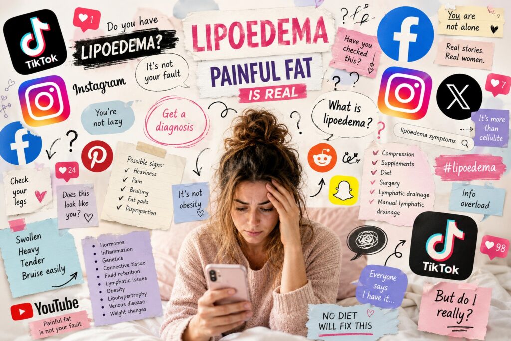 a woman looking at her phone with icons of social media and phrases relating to lipoedema in the background