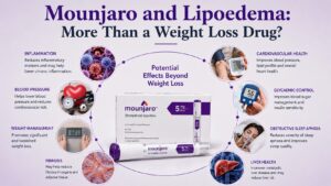 Mounjaro and lipoedema infographic showing potential effects beyond weight loss, including inflammation, fibrosis, cardiovascular health, blood pressure, glycaemic control, sleep apnoea and liver health